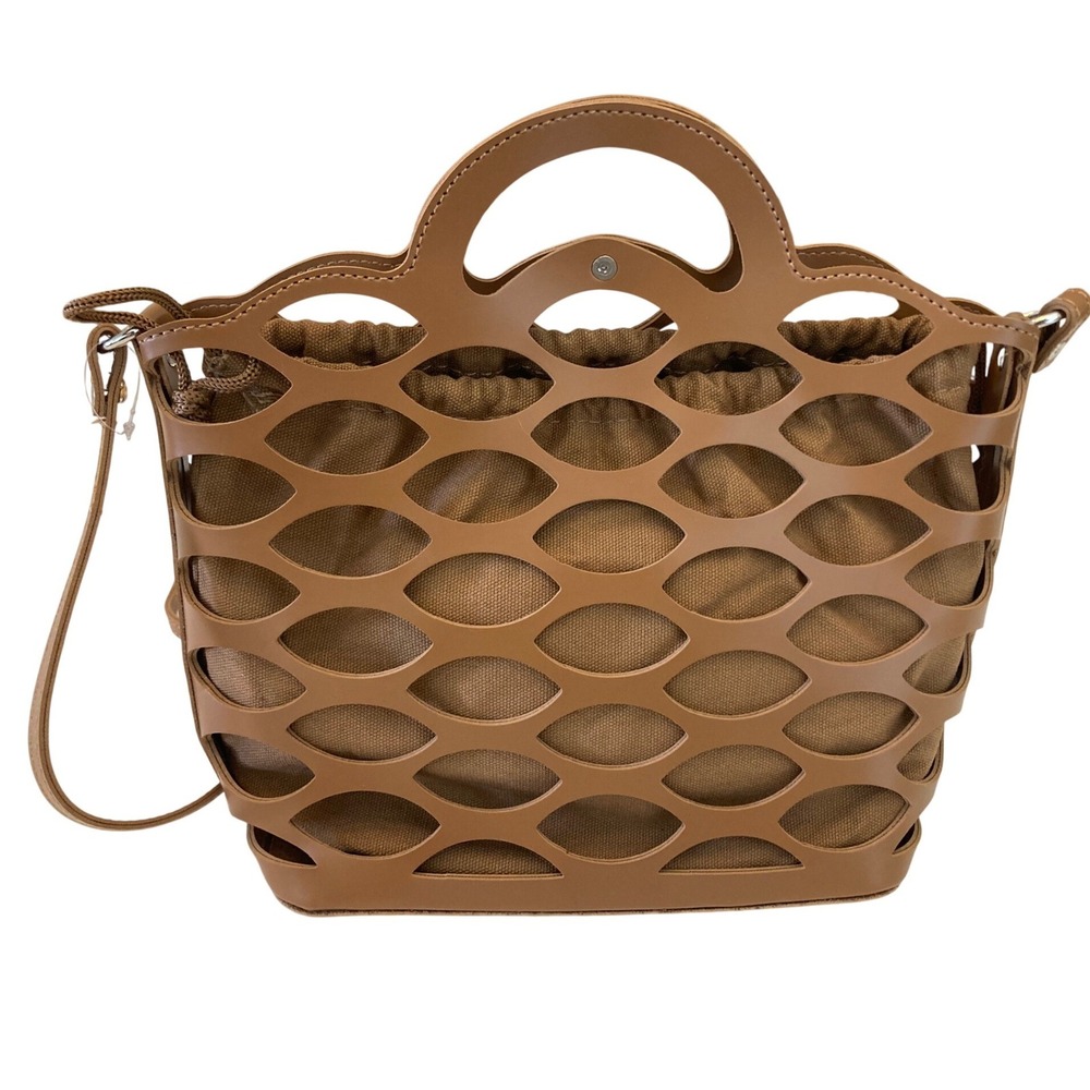 Tan Faux Leather Cage Tote Bag with Canvas Drawstring Pouch Crossbody Tan